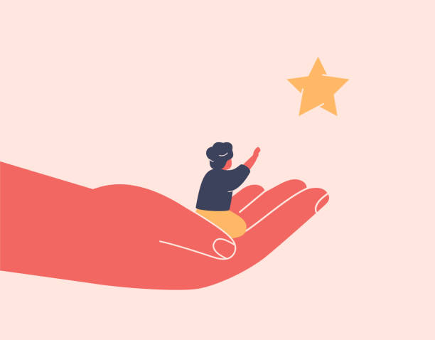 Adult supports a child in achieving his dream. Small boy in his parent's hand reaches for glowing star as a symbol of knowledge. Care and help for kids. Vector Adult supports a child in achieving his dream. Small boy in his parent's hand reaches for glowing star as a symbol of knowledge, growth and hope. Care and help for kids. Vector illustration parent guide stock illustrations