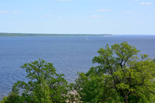 istock a view from the hill to the Volga river with a barge 2189591741