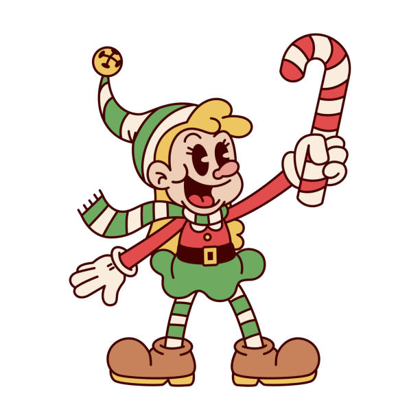 Retro Cartoon Christmas Elf Girl Holding Candy Cane Character Groovy Illustration Isolated