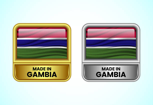 istock Made in Gambia label icon in gold and silver color. Flag icon set for business 2189603396