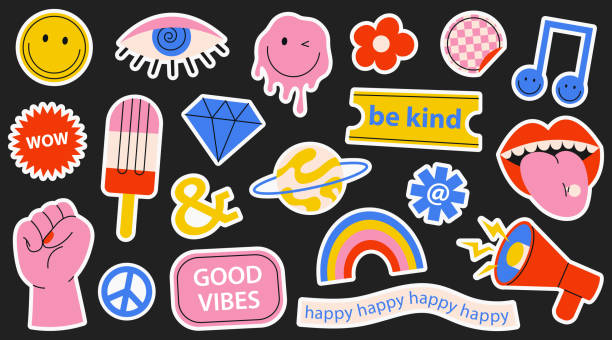 ilustraciones, imágenes clip art, dibujos animados e iconos de stock de colorida colección de varias pegatinas, parches y etiquetas geniales para la decoración - pegatina