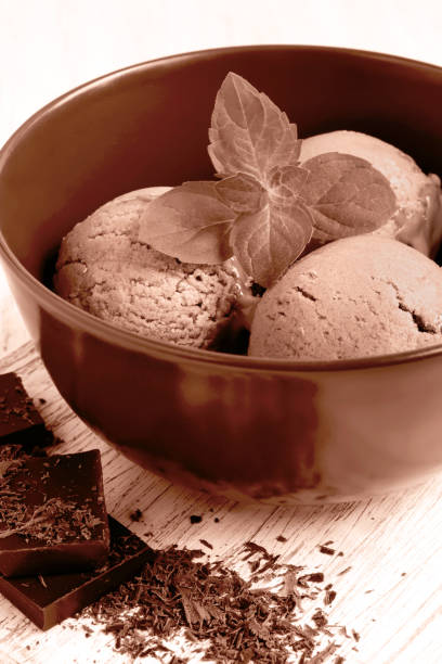 Chocolate ice cream decorated mint leaf tinted in mocha mousse color.