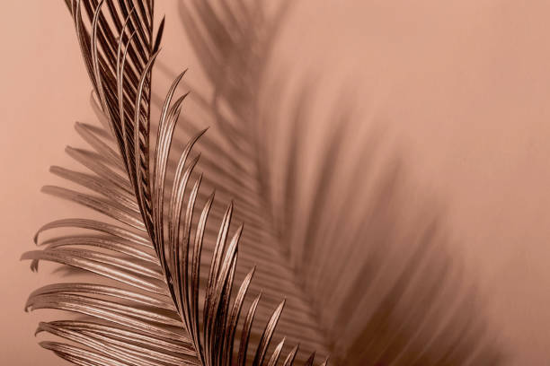 Golden tropical leaves in mocha mousse color. Natural Creative layout