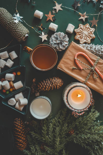 istock Cozy Christmas setup featuring a wrapped gift with a candy cane, a lit candle, tea, an open book, pinecones, marshmallows, and evergreen branches on a green background 2189609690