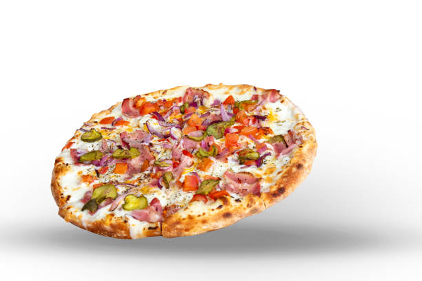 istock Falling fresh tasty carbonara pizza with bacon, cheddar and parmesan cheese, mozzarella, tomatoes, red onion, garlic, Alfredo sauce, Italian herbs and pickled cucumbers isolated on white background 2189613076