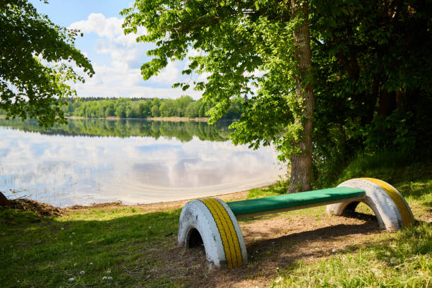 A serene and peaceful bench located by the tranquil lakeside, beautifully framed by lush greenery and calm waters