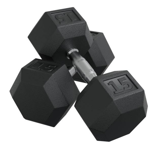 istock Two Hex Dumbbells with number 15, weightlifting gym equipment 2189632400