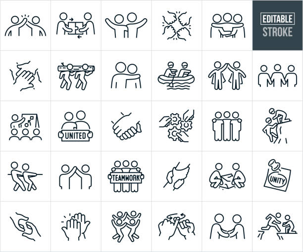 Unity And Solidarity Thin Line Icons - Editable Stroke - Icons Include People Working Together, Friends United, Arm Around Shoulders, Teamwork, Couples, Solidarity, Unanimity, Like Minded, Cooperation, Coordination, Harmony A set of unity and solidarity icons that include editable strokes or outlines using the EPS vector file. The icons include two friends giving each other a high five, two people connecting two pieces of a jigsaw puzzle together, two friends with arms around each others shoulders waiving, fist bump among friends, friends with arms around each others shoulders, hand stack among friends, friends united with arms around each others shoulders, parent with arm around shoulder of child, two people in a raft working together in unity to row, two friends holding each others arms up, teamwork among a group of people, couple holding a sign reading "Unity," couple holding hands in unity, husband and wife holding hands in unity, hands holding together cogs, two friends assisting each other while rock climbing together, two people working together in a tug-of-war, friends holding a sign reading "Teamwork," two people in coordination lifting a bolder together, note reading "Unity," one hand reaching out to another hand in a sign of unity, two hands giving each other a high five, group of friends jumping in unity together, pinky promise among two people and other related icons. locking-arms stock illustrations