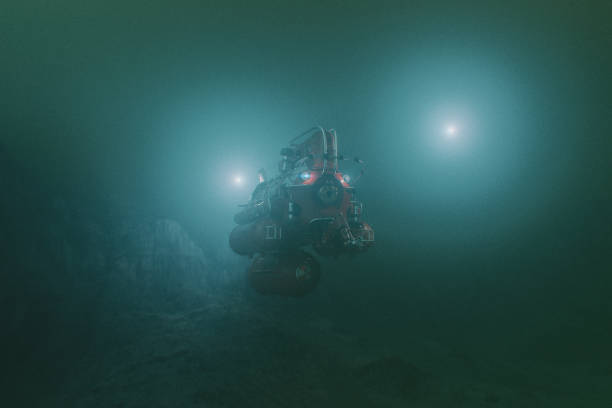 Concept image of deep underwater ocean exploration with submarine