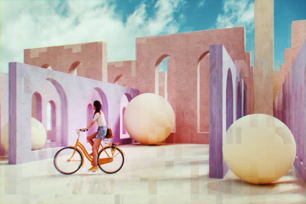 Young woman cycling in abstract VR environment. 3D generated image.