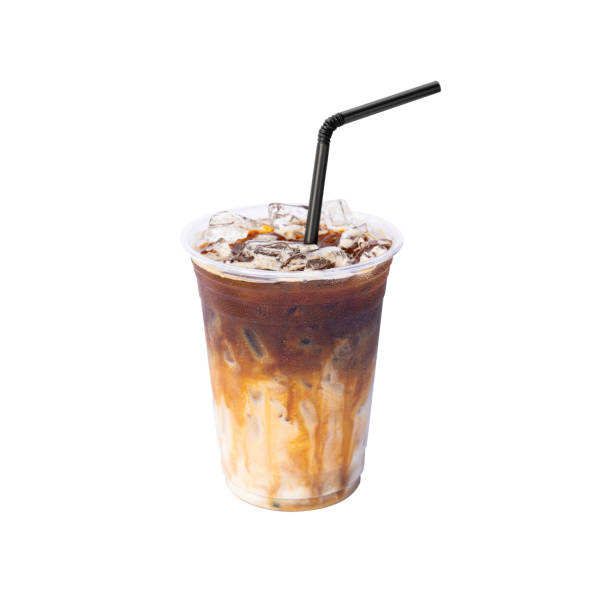 istock Iced caramel  latte coffee on plastic glass isolated white background. 2189677125