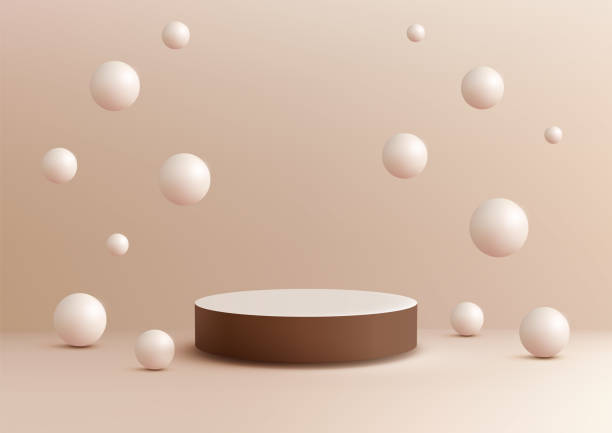 istock Minimalist 3D Cylindrical Podium with White and Brown Design and Floating Spheres, Product Display Mockup for Showroom Showcase 2189700404