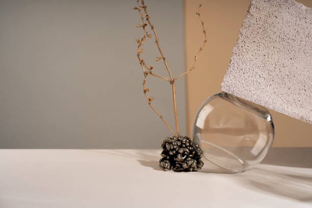 istock Composition empty podium material tree stone dry flowers glass. Product presentation. Background mocha olor. Beautiful background from natural materials 2189706412