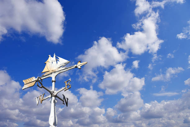 Sailboat weather vane against blue sky with copy space.