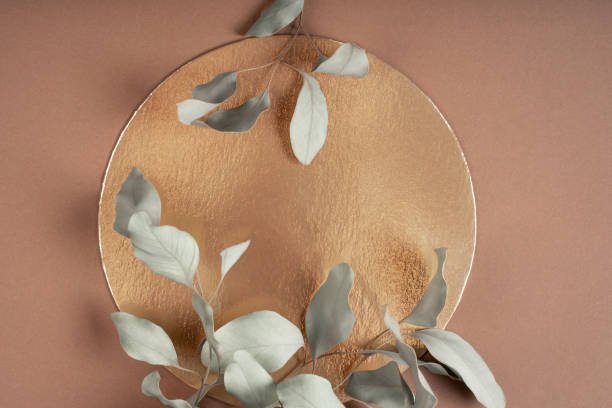 istock Composition empty podium material eucalyptus flowers. Product presentation. Background mocha olor. Beautiful background from natural materials 2189707506