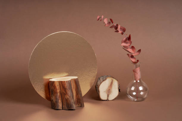 istock Composition empty podium material wood red eucalyptus dry flowers glass. Product presentation. Background mocha olor. Beautiful background from natural materials 2189708116