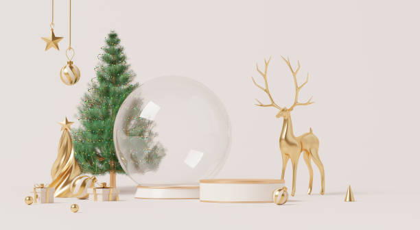 istock 3D render, Merry Christmas and happy new year background with empty podium, golden decorations, reindeer, snow globe, tree, and festive ornaments. 2189708435