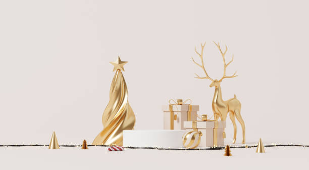 istock 3D render, Merry Christmas and happy new year background with empty podium, minimal decorations with golden reindeer, tree, gifts, and festive accents. 2189708443