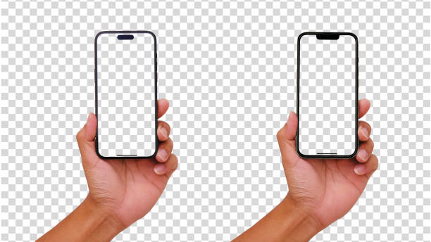 istock Hand holding the black smartphone , Mobile phone on transparent background Clipping Path 2189718934