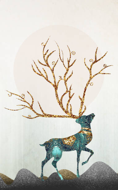 istock 3d modern art mural wallpaper with light background. landscape, deer, turquoise mountains. for use as a frame on walls. 2189724321