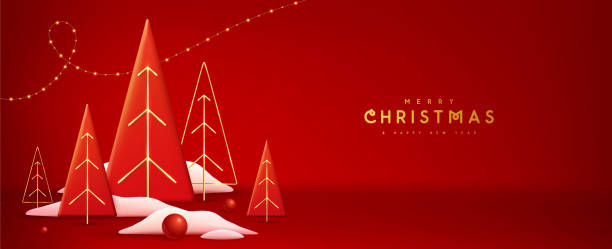 istock Holiday Christmas showcase red background with 3d Christmas trees. Abstract minimal scene. Vector illustration 2189730861
