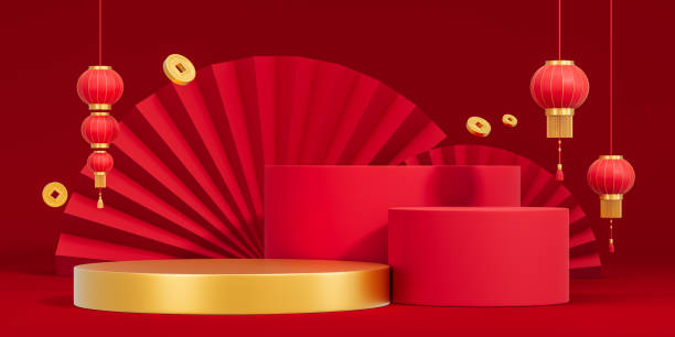 istock Chinese New Year Podium with Lanterns and Coins. 3D Rendering 2189732502