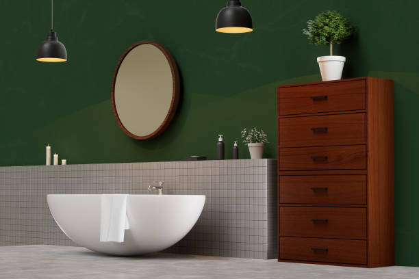 istock A bathroom with a large mirror and a white bathtub 2189733341