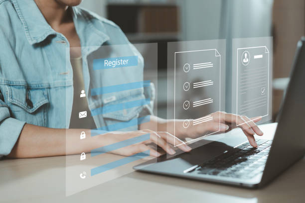 istock Complete an online survey Register with an online registration form Register a new user Complete an application form with personal information to create an account on the website. 2189734473