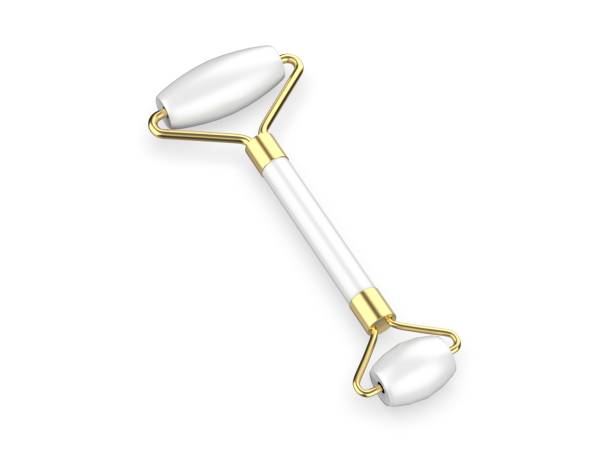 istock White Gua Sha facial massage tool. Quartz jade roller mockup on white background. Anti age, lifting and toning treatment at home. 3d illustration 2189738041