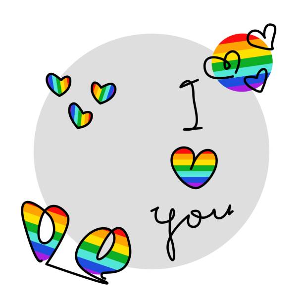istock Handwriting lettering on retro style for card, t-shirts, posters, etc. Black, grey, rainbow colors. Hearts, I love you lettering on circle shape. LGBT. Vector design banner, simple set. 2189748719
