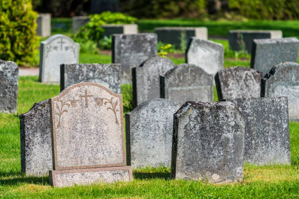 istock Group of weathered gravestones in sunlight 2189750256