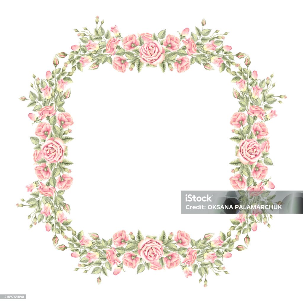 Spring Flower Square Border Pink Roses With Green Leaves Spring Flowers Square Frame Border ...