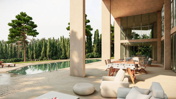 istock Poolside of contemporary villa with greenery in 3d 2189756628