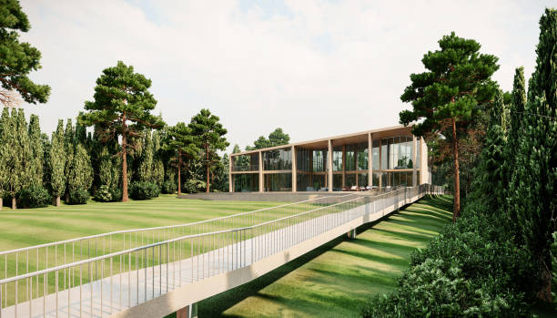 istock Luxurious villa with wooden ramp and garden - 3d render 2189756877