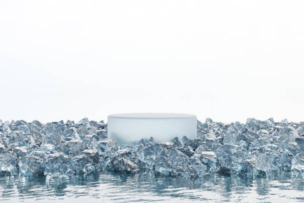 istock 3d render platform background and empty round stage, Ice podium on the lake with ice rock in winter for product stand display, advertising cosmetic, products, skincare or etc 2189756957