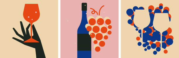 Wine tasting concept. Wine glasses, bottle, grapes icon set Wine tasting concept. Wine glasses, bottle, grapes icon set. Hand holding wine glass. Collection of wine vector design elements for restaurant menu, invitation for an event, festival, party tasting stock illustrations