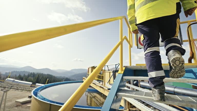 Worker ascending metal stairs with yellow safety railing at an industrial facility, wearing reflective clothing and safety boots. Concept of industrial safety and outdoor work environments