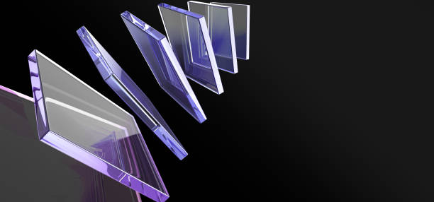 istock 3d abstract glass transparent square shapes flying on black background render. Iridescent crystal plates, acrylic or plastic panels with light hologram gradient, digital tech banner 2189765622