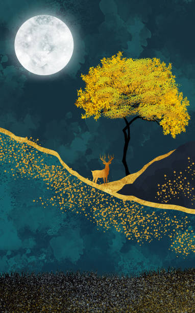 istock Vertical illustration decorative canvas art. 3d gold dots and moon and golden christmas tree and birds . dark black background for canvas wall frame art. 2189772793
