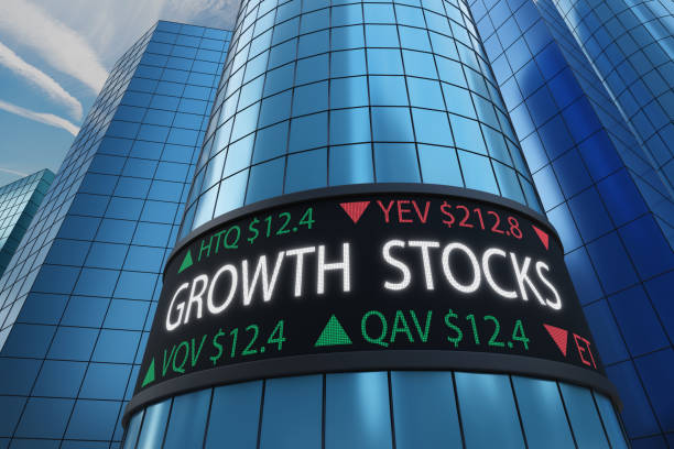 istock Digital screen displaying imaginary stock tickers of growth stocks on an oval shaped commercial buildings in a commercial and business district. Illustration of the concept of fast growing shares 2189774459