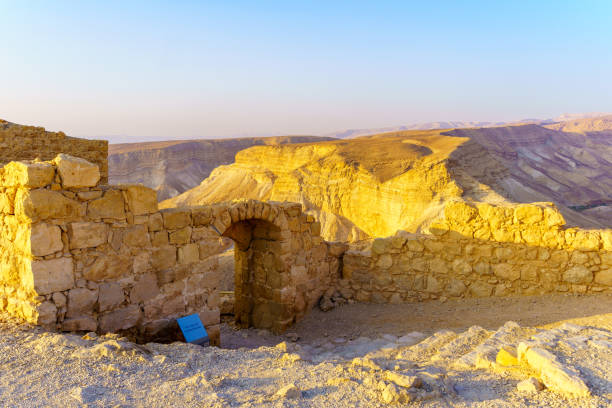 View of the ancient ruins of the Masada Fortress, Dead Sea coast, Judaean Desert, southern Israel