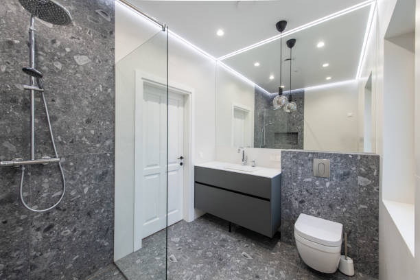 istock Modern Bathroom with Sleek Design and Elegant Gray Tile Details 2189783915
