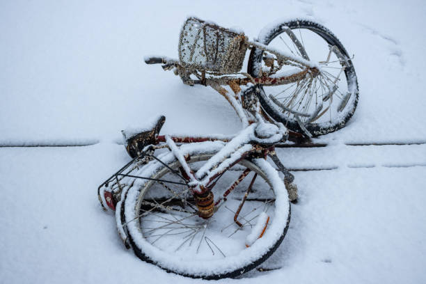 Old bicycle, partly covered by fresh snow. Visibly spent some time in the water of Norwegian sea. Harbor in Narvik, Norway.