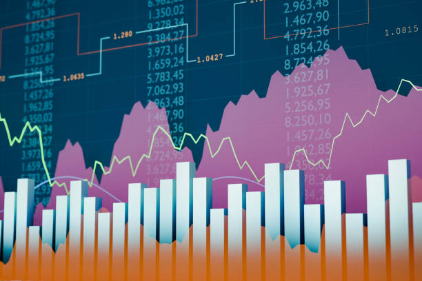istock Business data, stock market information, blue bar graph, numbers and lines. 2189785601