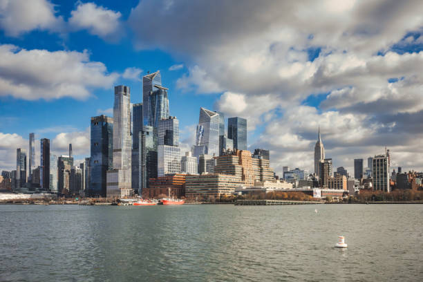 view from Hudson river on Hudson Yards with the skyscrapers of manhattan