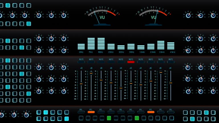 Close-up equalizer, volume, decibel display, sound mixer user interface.