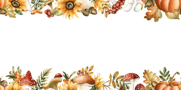 Autumn frame with fall leaves, mushrooms, flowers, insect and animal. Watercolor hand drawn floral illustration Autumn frame with fall leaves, mushrooms, flowers, insect and animal. Watercolor hand drawn floral isolated illustration for fall design, cozy cards, print, floral labels, kitchen textile, home decor ladybug frame border clip art stock illustrations
