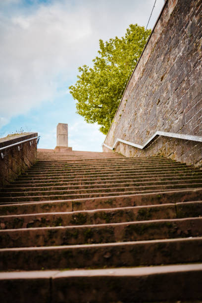 Outdoor scene of a mossy stone staircase along a weathered brick wall surrounded by greenery and a blue sky, evoking thoughts of ascent, history, and timeless architectural beauty.