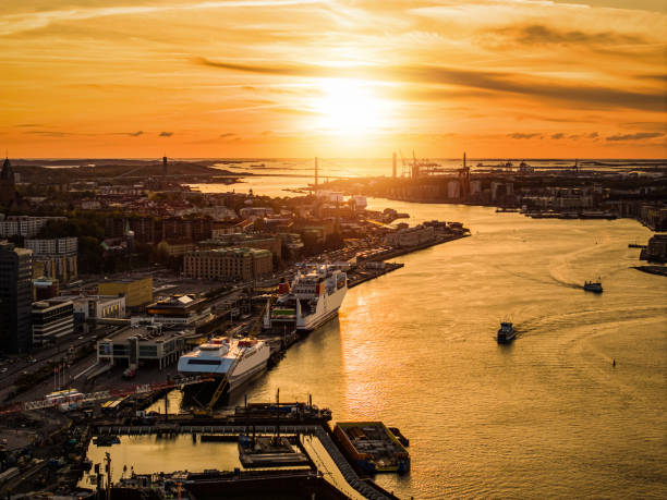 Drone photo of Gothenburg, Sweden on autumn day during sunset.