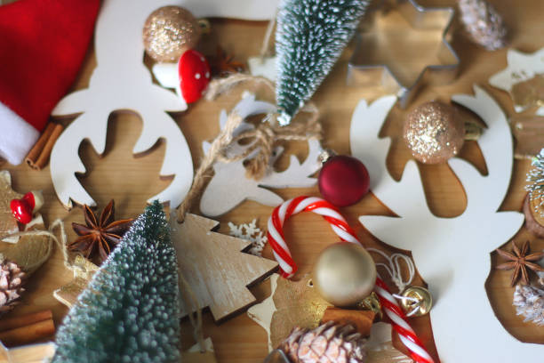 istock Christmas Decorations On Wooden Background 2189800538